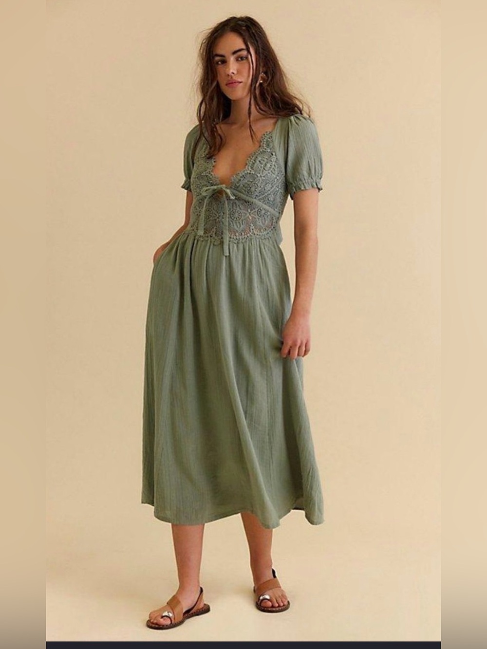 NWT Free People All You Need is Lace Midi Dress in Sage Green - Picture 2 of 4